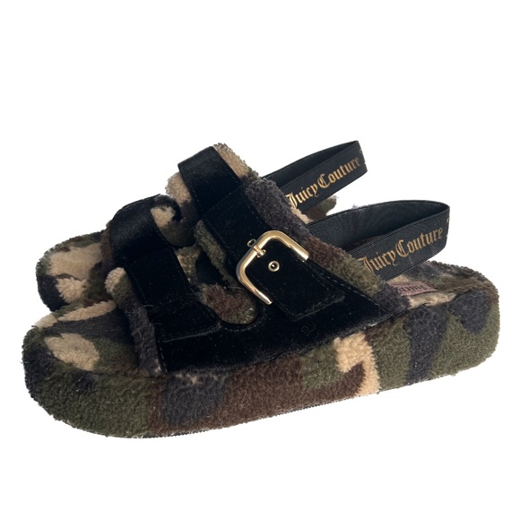 Juicy Couture Griffin Slide Sandals Black Velvet Camo Green Ankle Strap Size 10 - Picture 2 of 10